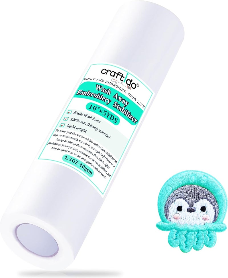 craftido Wash Away/Water Soluble Embroidery Stabilizer Backing&Topping 10" x 5 Yd/roll for Most Hoops 1.5oz Light Weight for Machine Embroidery and Hand Sewing - Image 1